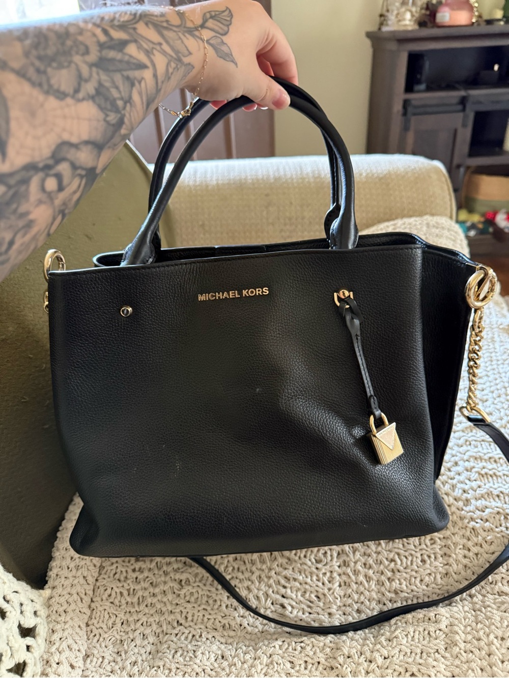 Michael Kors Mercer Black Pebbled Leather Tote with Gold Hardware